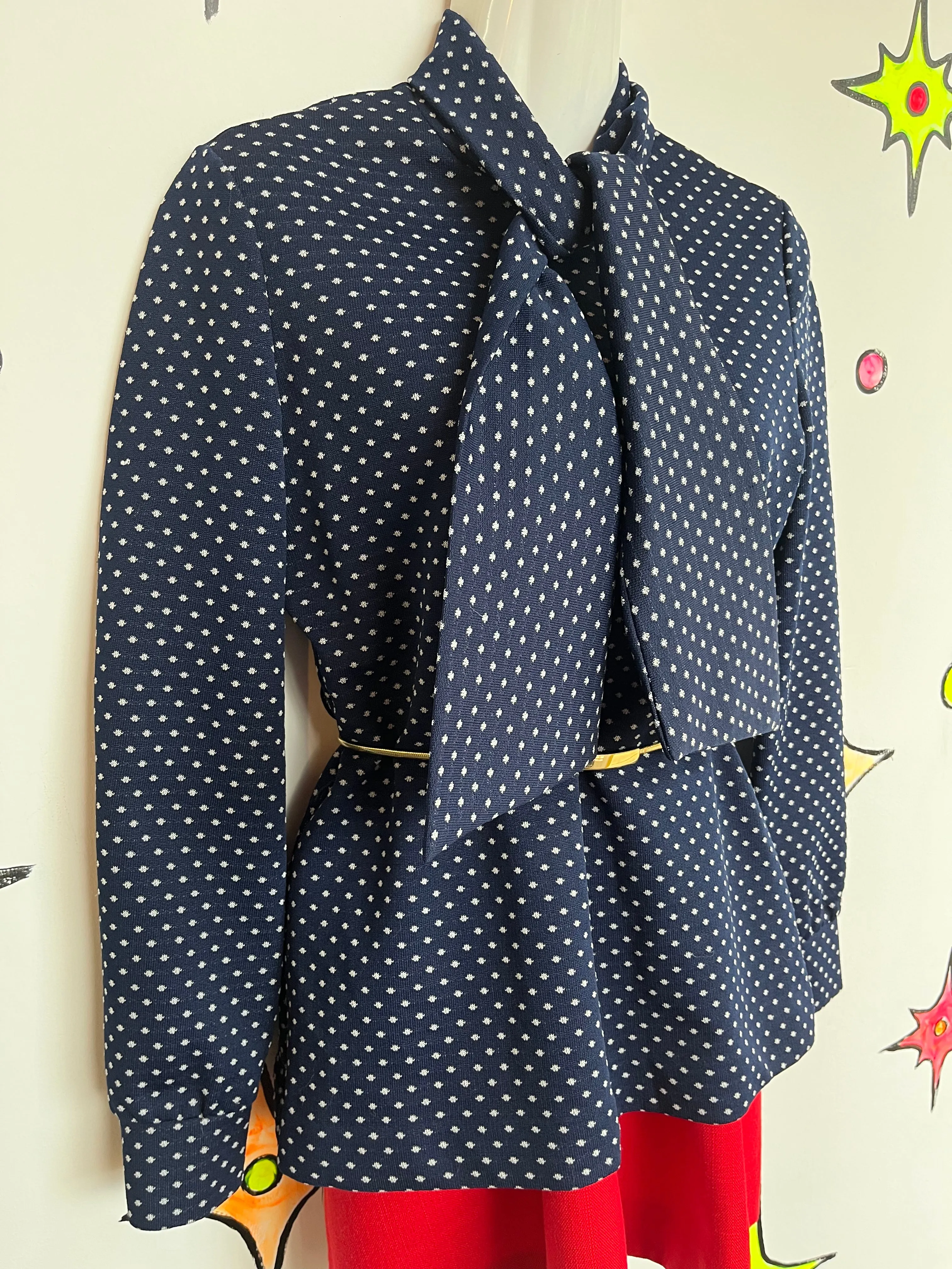 Vintage 60s 70s | Navy Bow Neck MOD Retro Blouse Top | Size S - M