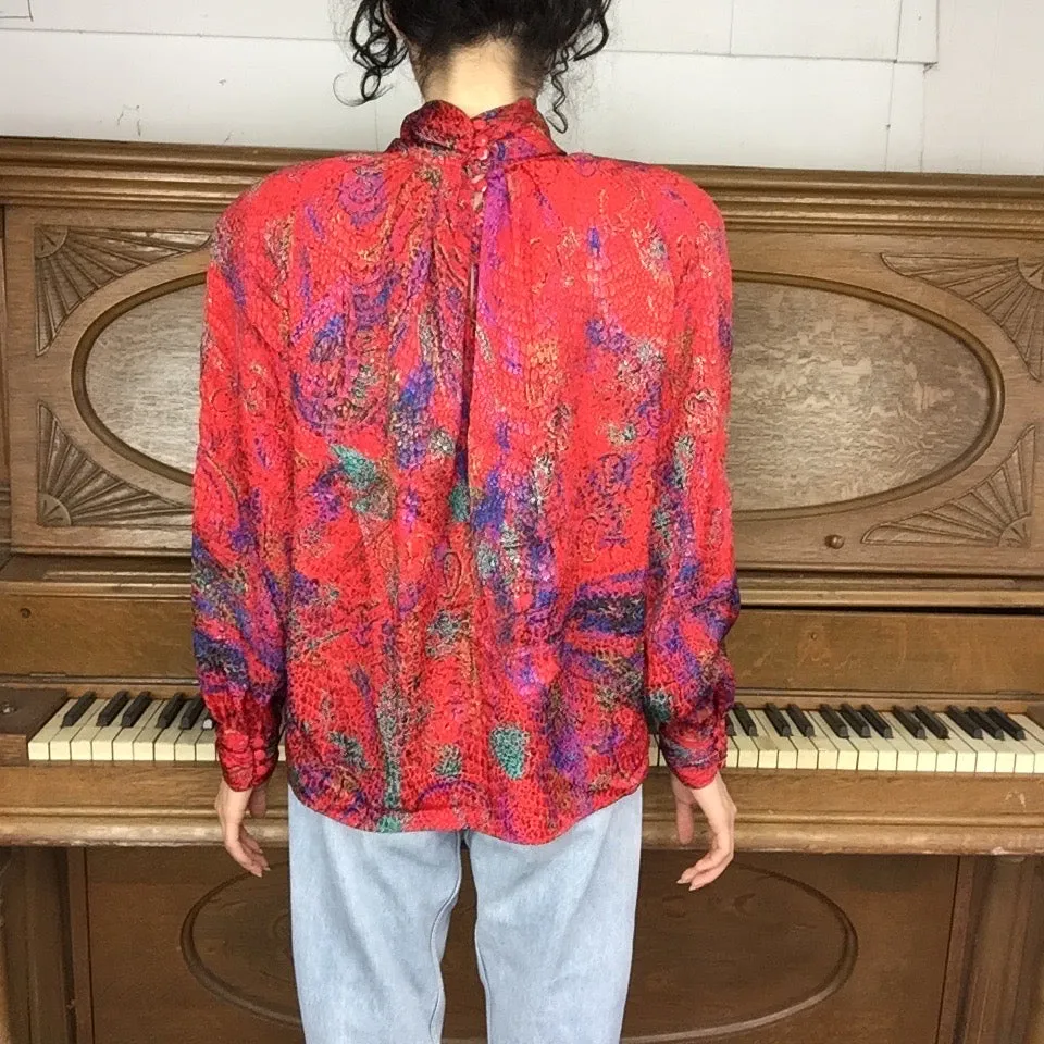 Vintage 80s | Red Silky Abstract Snakeskin Print Secretary Blouse | Size 8P