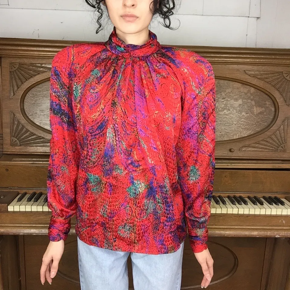 Vintage 80s | Red Silky Abstract Snakeskin Print Secretary Blouse | Size 8P