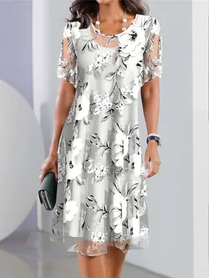 Women's Casual Dress Chiffon Dress Summer Dress Floral Print Crew Neck Midi Dress Fashion Streetwear Outdoor Daily Short Sleeve Regular Fit Gray Summer Spring S M L XL XXL