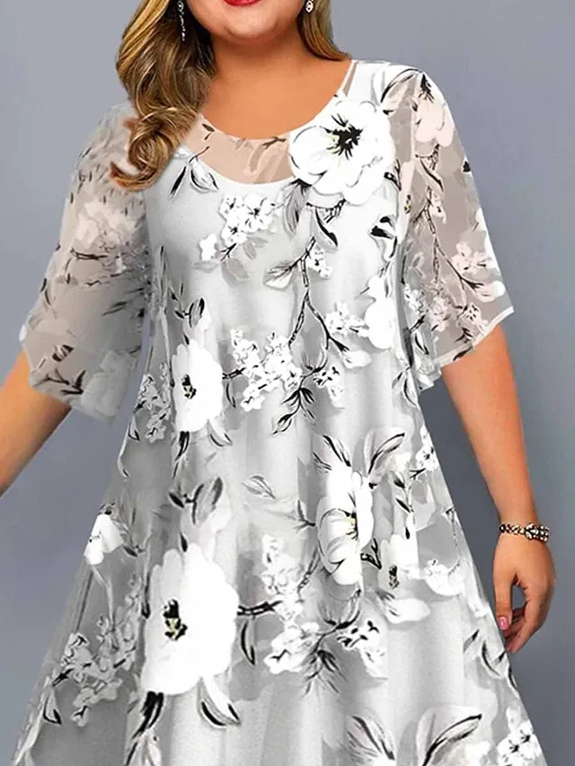 Women's Plus Size Casual Dress Dress Set Chiffon Dress Floral Midi Dress Half Sleeve Print Crew Neck Fashion Daily Gray Summer Spring L XL XXL 3XL 4XL