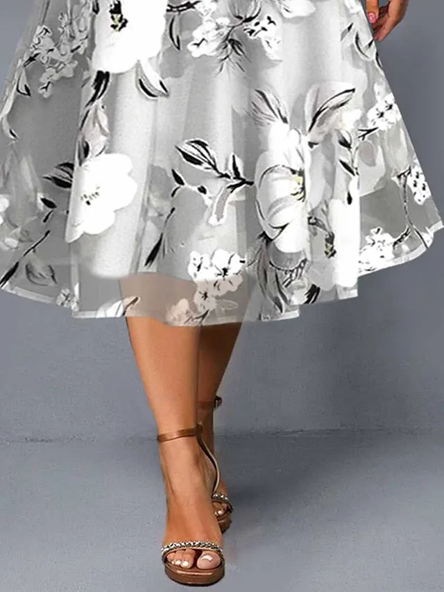 Women's Plus Size Casual Dress Dress Set Chiffon Dress Floral Midi Dress Half Sleeve Print Crew Neck Fashion Daily Gray Summer Spring L XL XXL 3XL 4XL