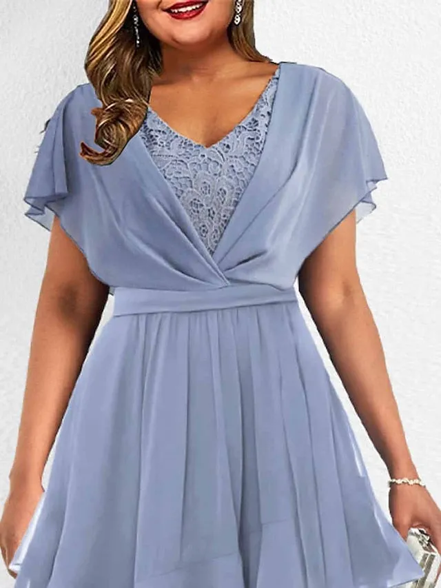 Women's Plus Size Casual Dress Lace Dress Chiffon Dress Plain Long Dress Maxi Dress Short Sleeve Lace Patchwork V Neck Fashion Outdoor Blue Summer Spring L XL XXL 3XL 4XL