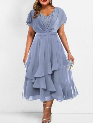 Women's Plus Size Casual Dress Lace Dress Chiffon Dress Plain Long Dress Maxi Dress Short Sleeve Lace Patchwork V Neck Fashion Outdoor Blue Summer Spring L XL XXL 3XL 4XL