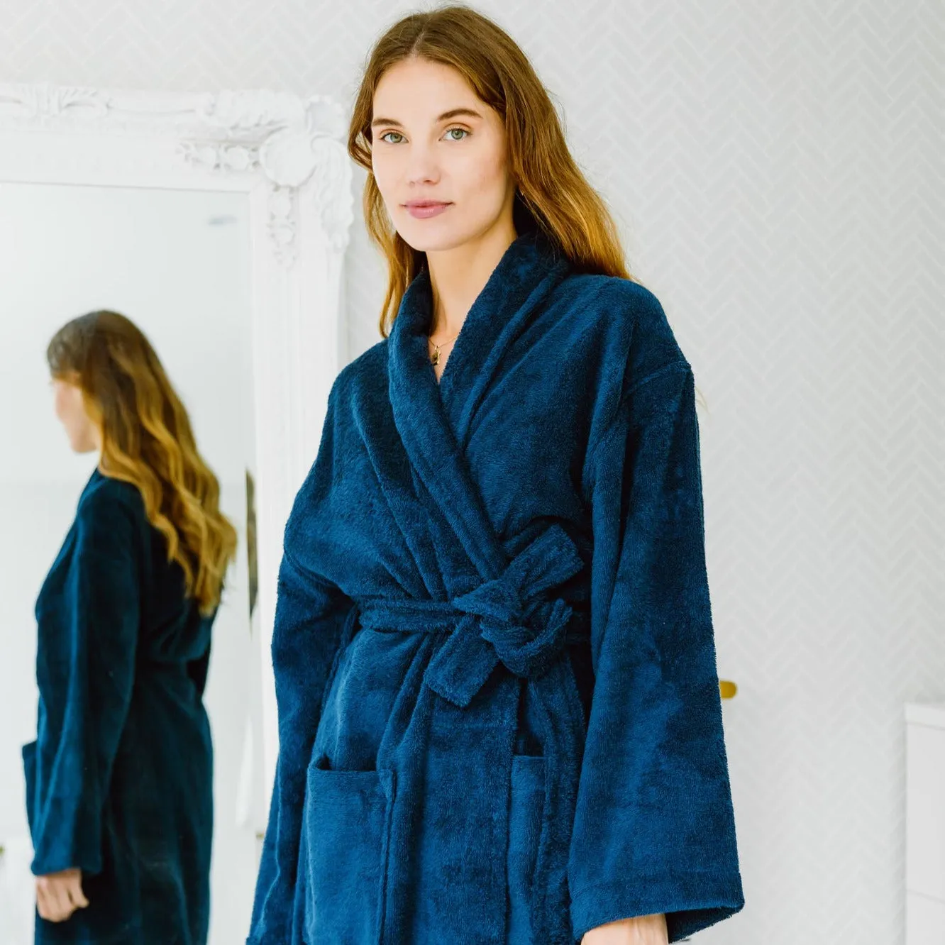 Women's Towelling Cotton Bathrobe - Navy Blue