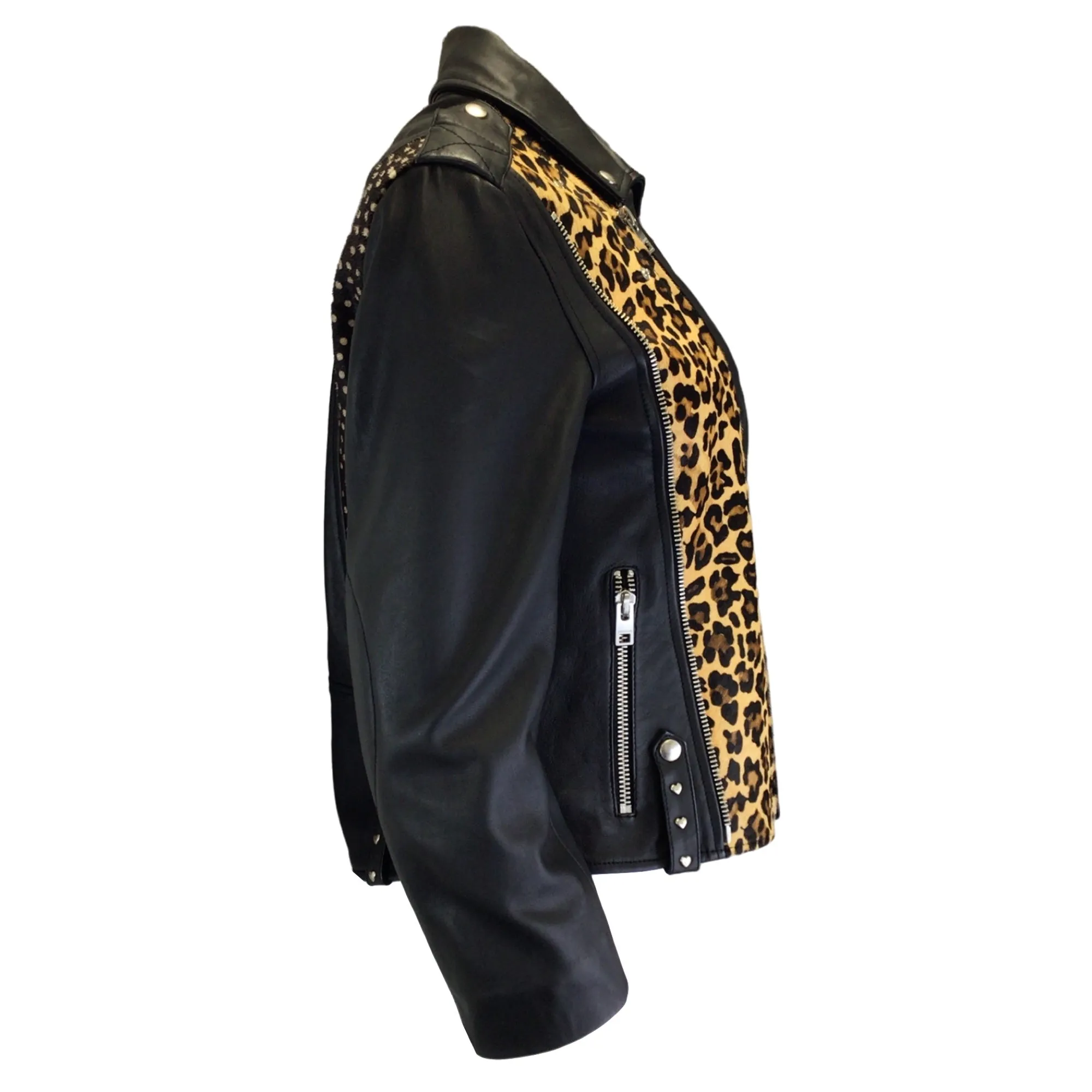 Zadig & Voltaire Black Multi Liya Leopard Patch Leather Biker Jacket